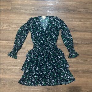 Michael Kors Navy and Green Floral Long Sleeve Dress